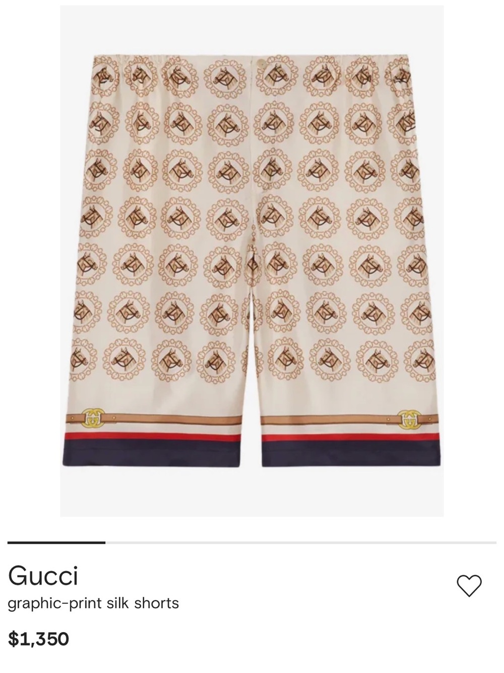 Gucci Beige Silk Graphic-Print Flat Front Shorts with Navy & Red Trim